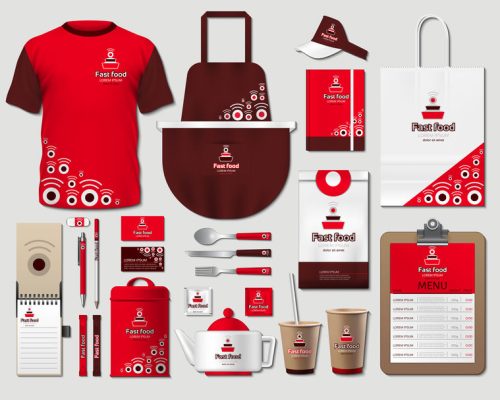 Business fastfood corporate identity items set. Vector fastfood Color promotional uniform, apron, menu, timetable, coffee cups design with logos. Work Stuff Stationery 3d realistic set collection